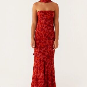Peppermayo Under the Pagoda Elegant Red Strapless Maxi Dress